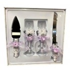 4 Piece Mis Quince Anos Cake Knife and Server Set with Champagne Toasting Glass Flutes Lavender Flower Design